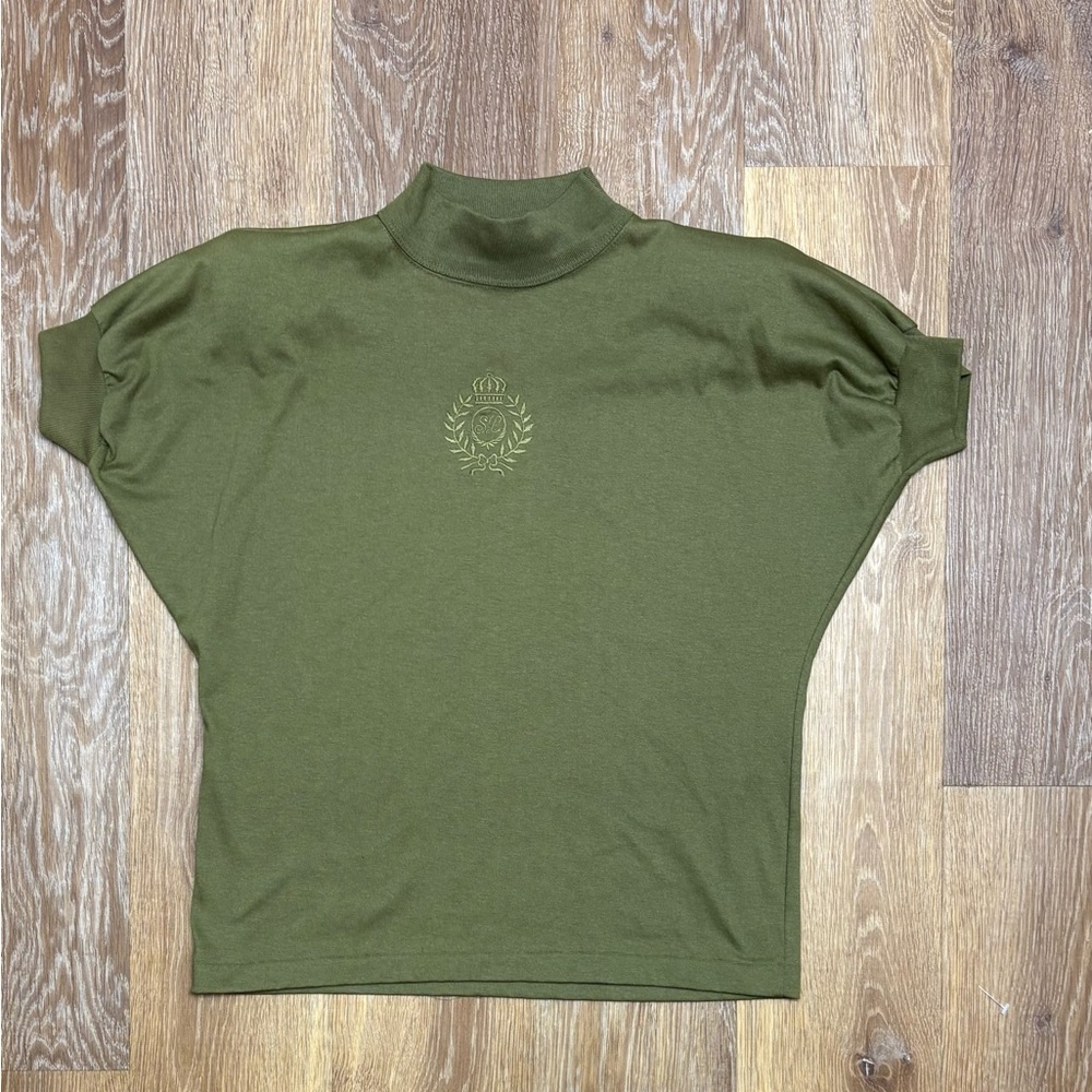 Olive Green Mock Neck Top with Embroidered Crest